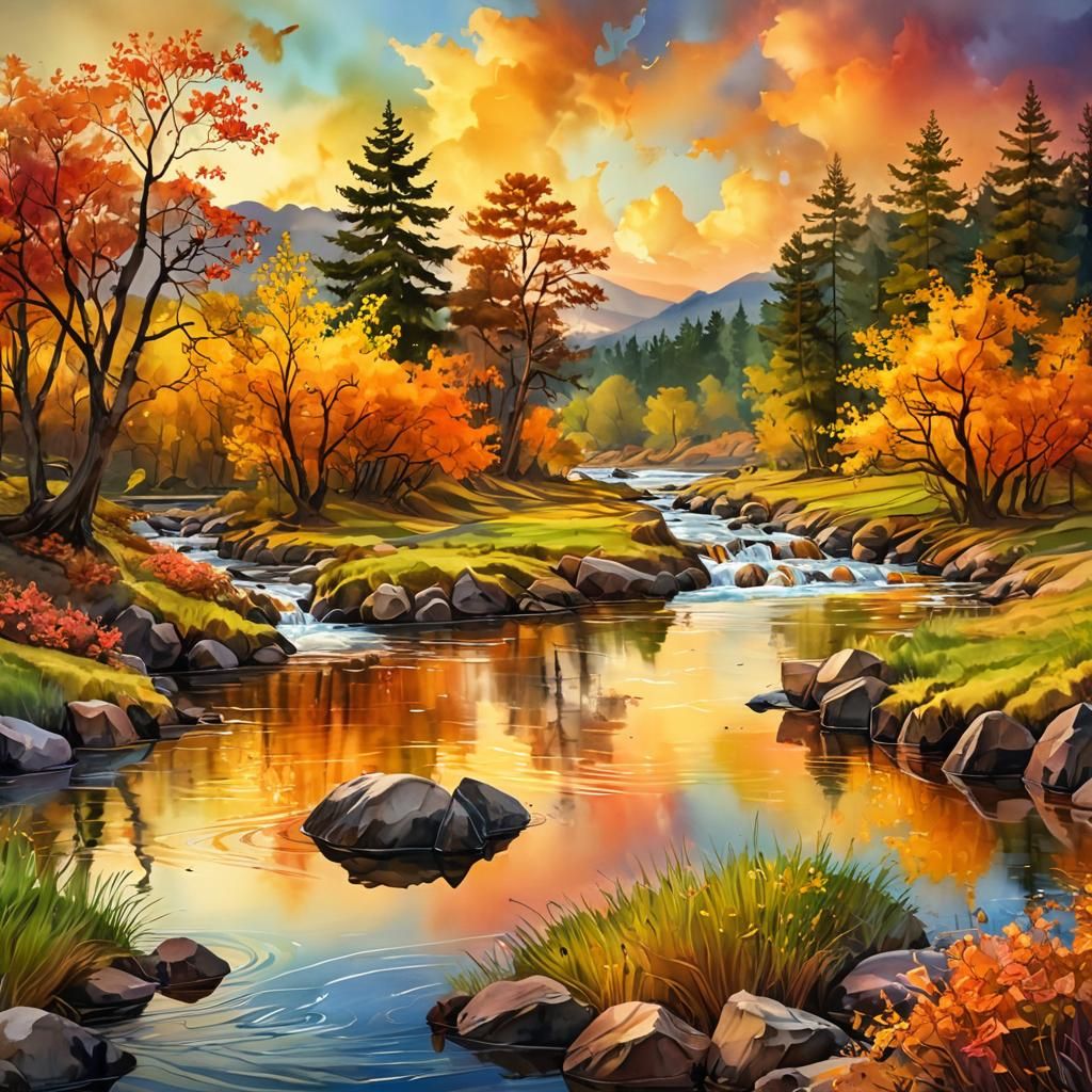 Countryside River in Spring: Digital Watercolor Illustration