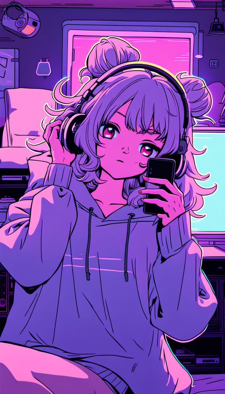 Anime Girl with Headphones and Phone in Neon Room