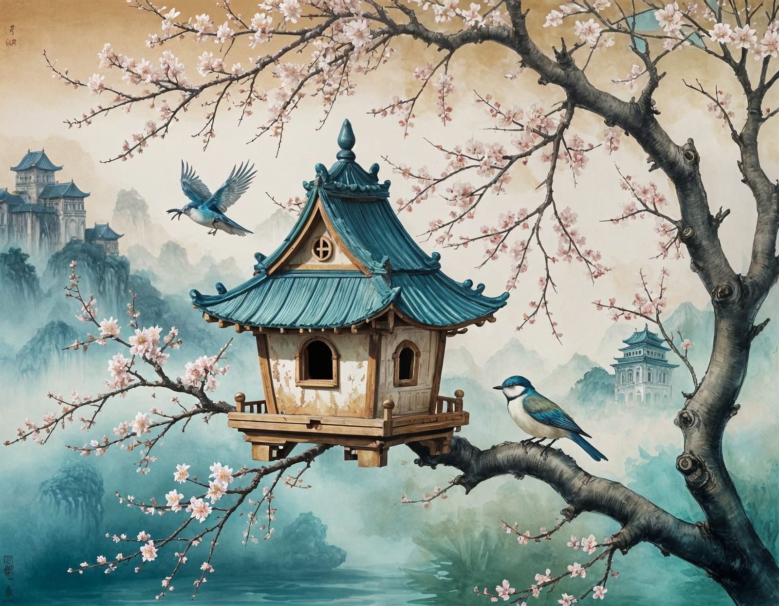 Sakura Birdhouse in Chinese Ink Painting Style