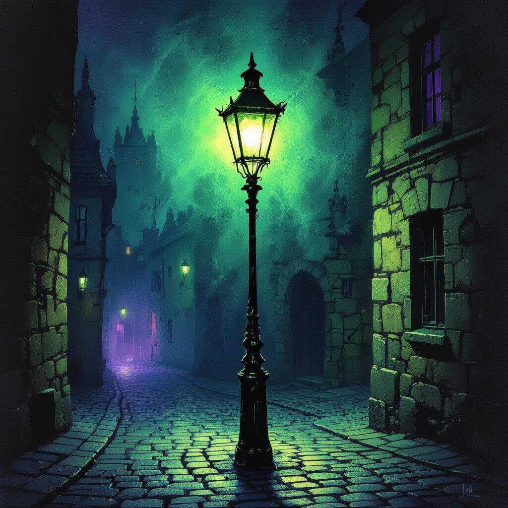 Ethereal Streetlamp Glow on Gothic Cobblestone Night