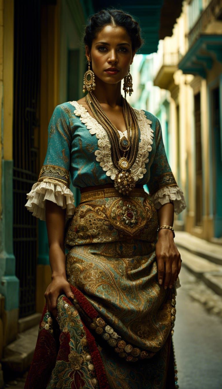 Majestic Cuban Beauty in Folk Dress
