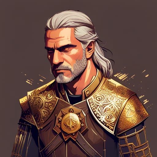 Geralt of Rivia Digital Painting with Golden Outlines