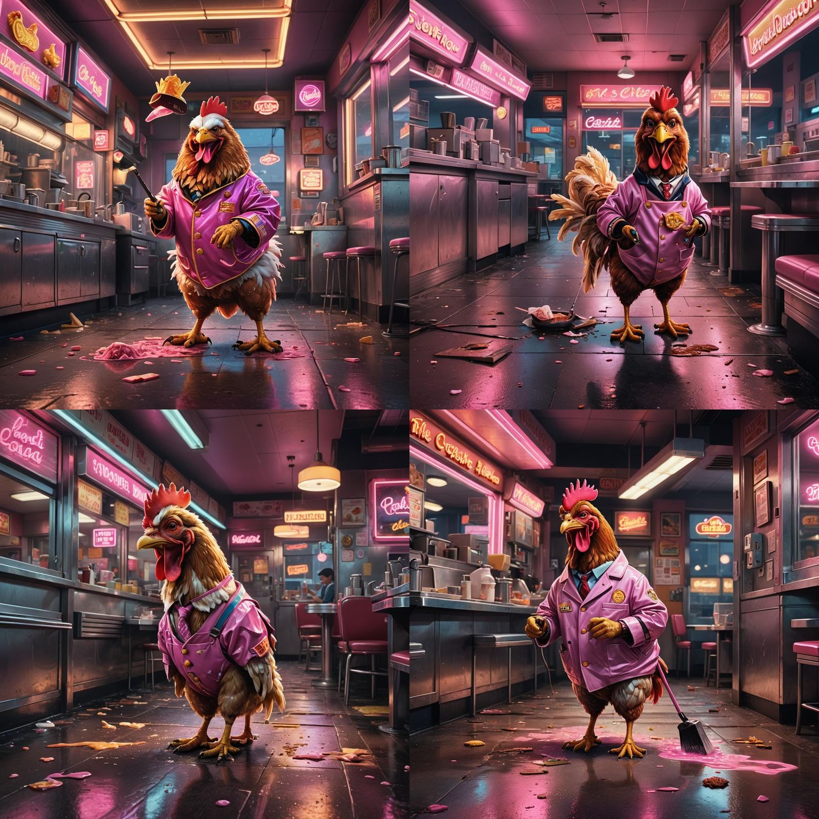 Hyperrealistic Chicken Employee Mopping Diner Floor