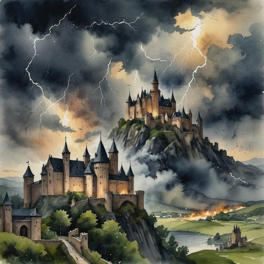 Sinister Lightning Storm Over Medieval Castle: Watercolor