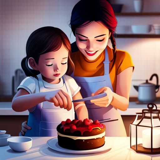Mother and daughter cooking