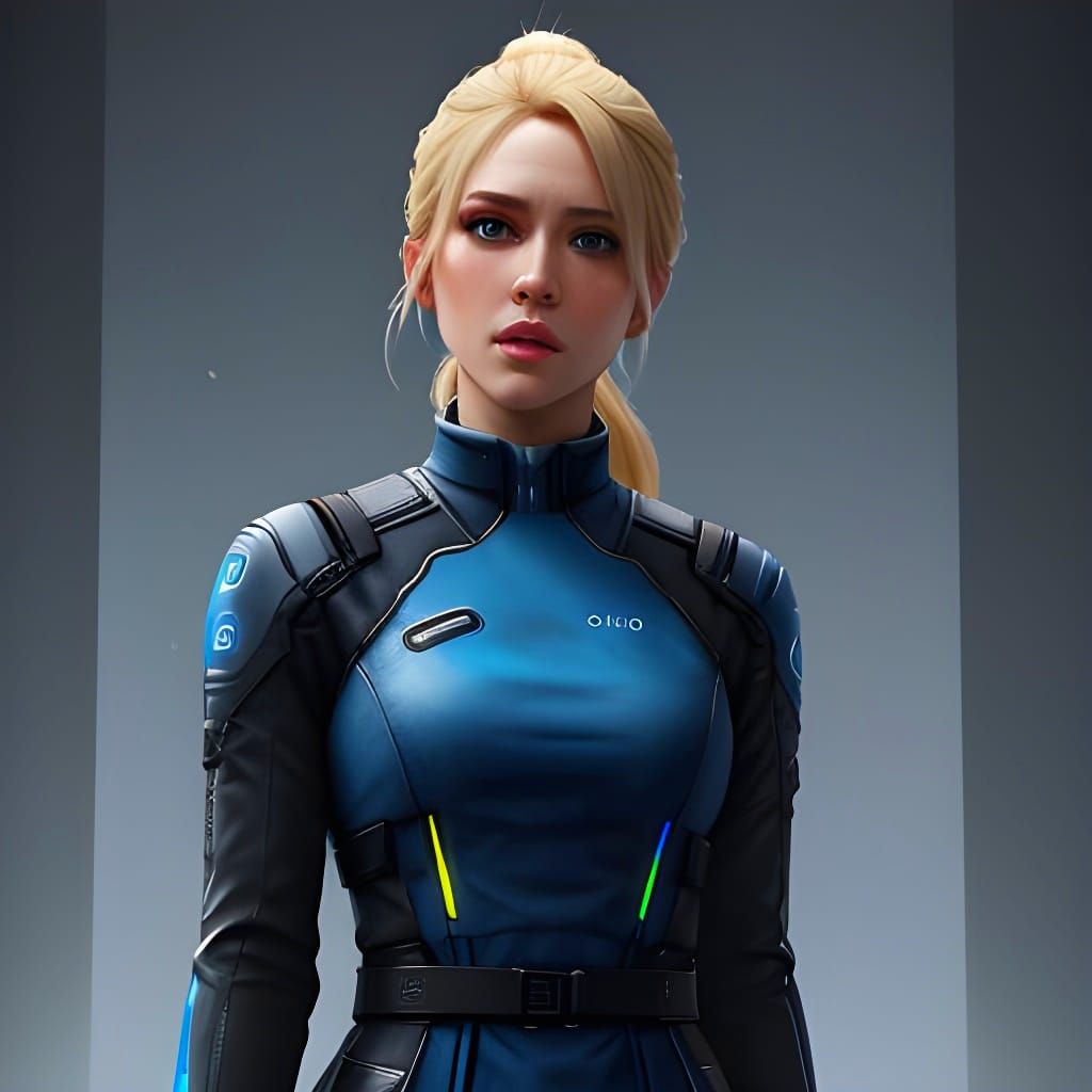 Android Woman in Blue Dress and Blonde Ponytail