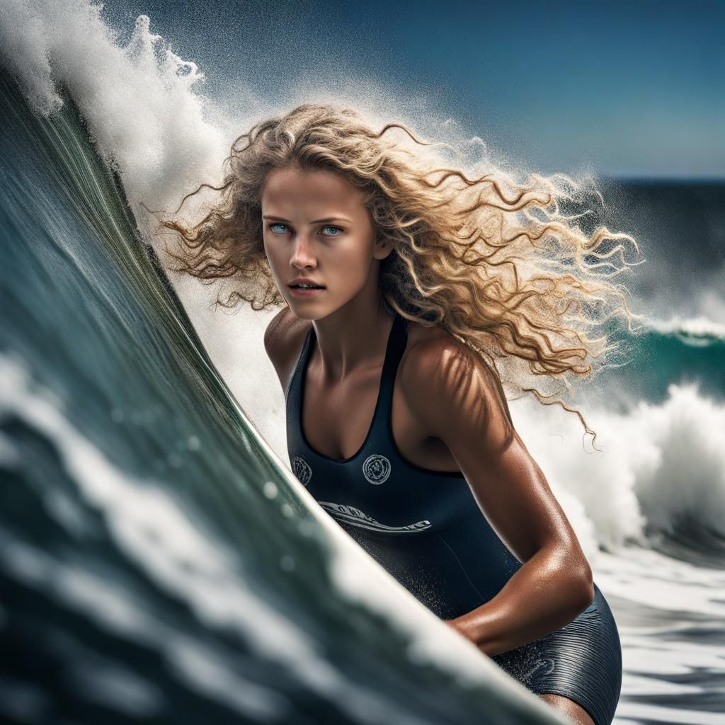 Hyperrealistic Surfer Girl on a Big Wave