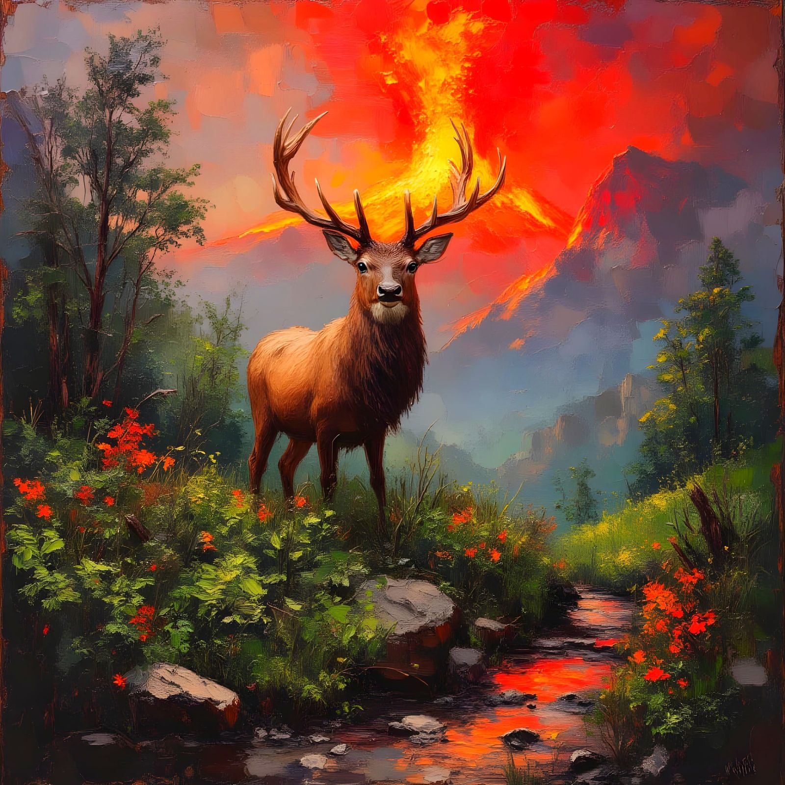 Stag in Prehistoric Landscape with Erupting Volcano