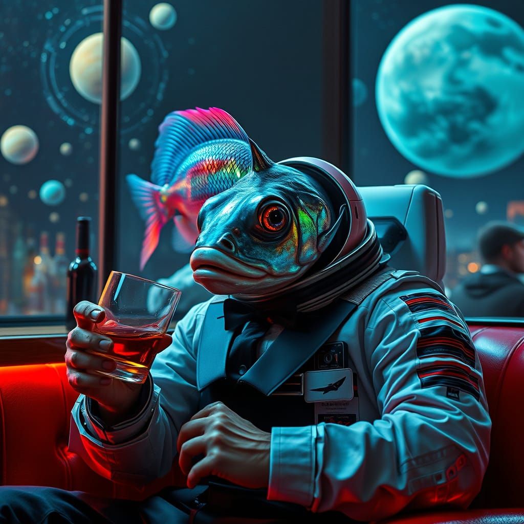 Iridescent Devilfish in Futuristic Space Bar