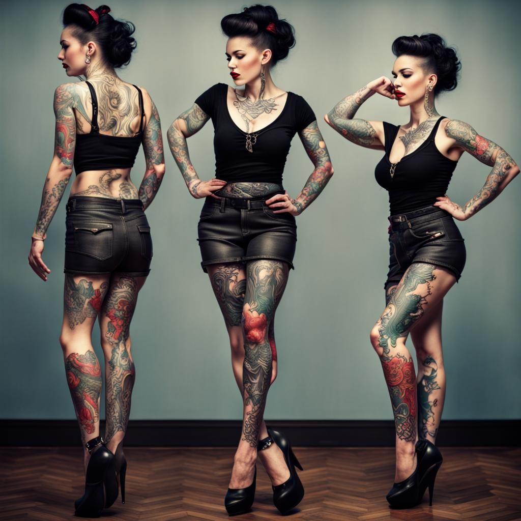 Rockabilly Girl with Tattoos Dancing: Hyperrealistic Image