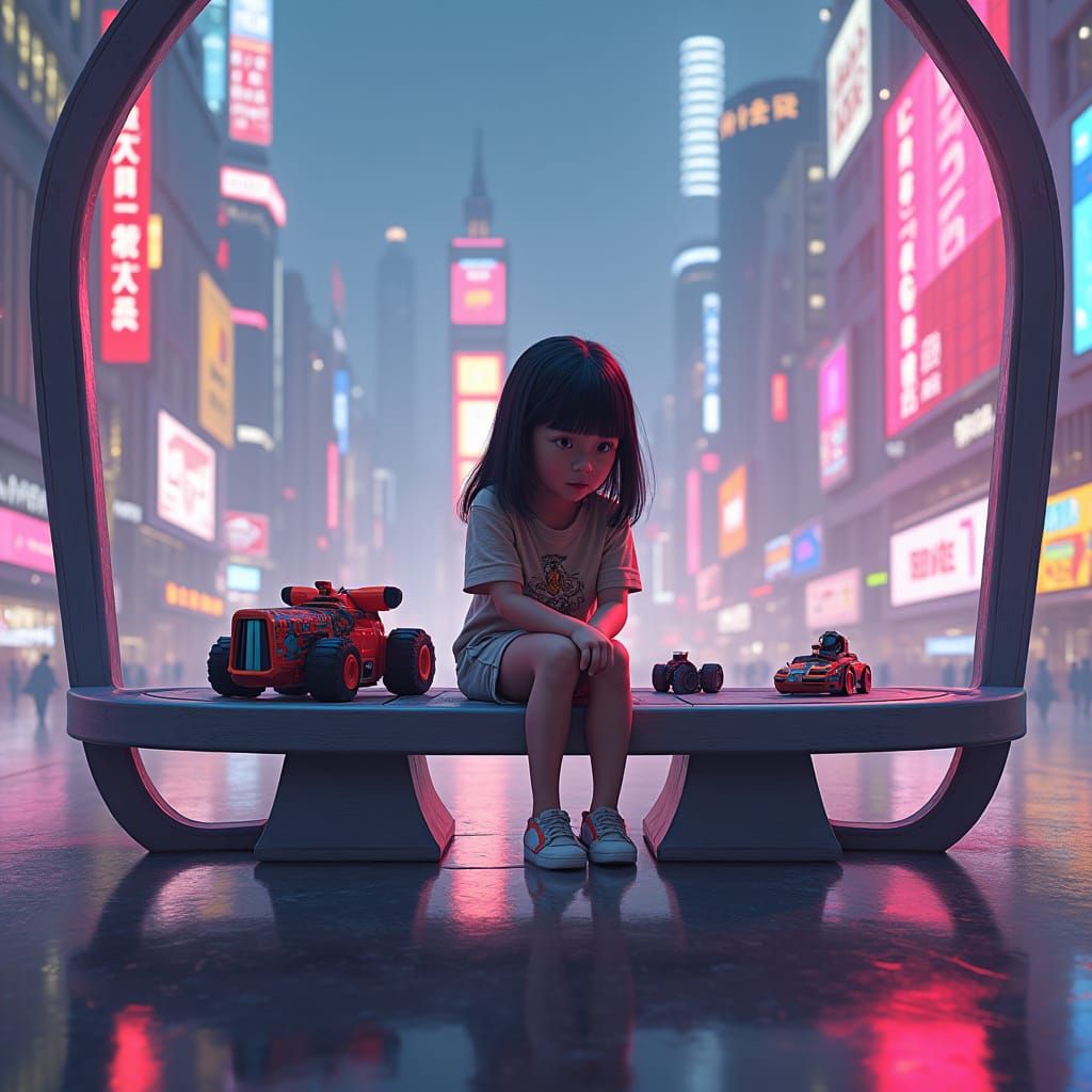 Lonely Girl with Futuristic Toys in Neon Cityscape