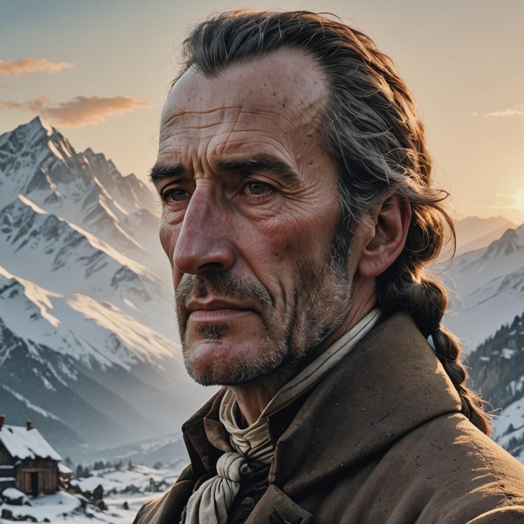 18th Century Man Portrait with Mountain Sunrise