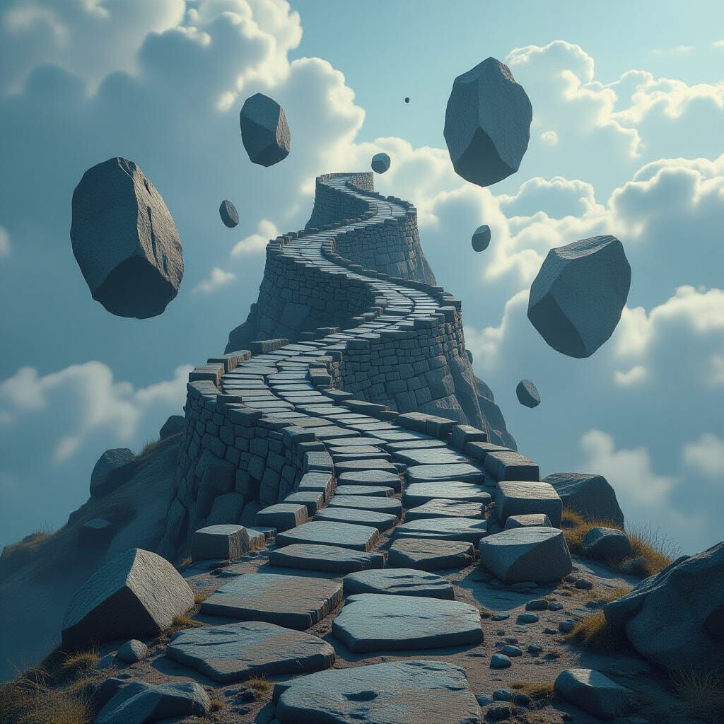 Surreal Stone Path Ascending to Sky: Cinematic Film Still