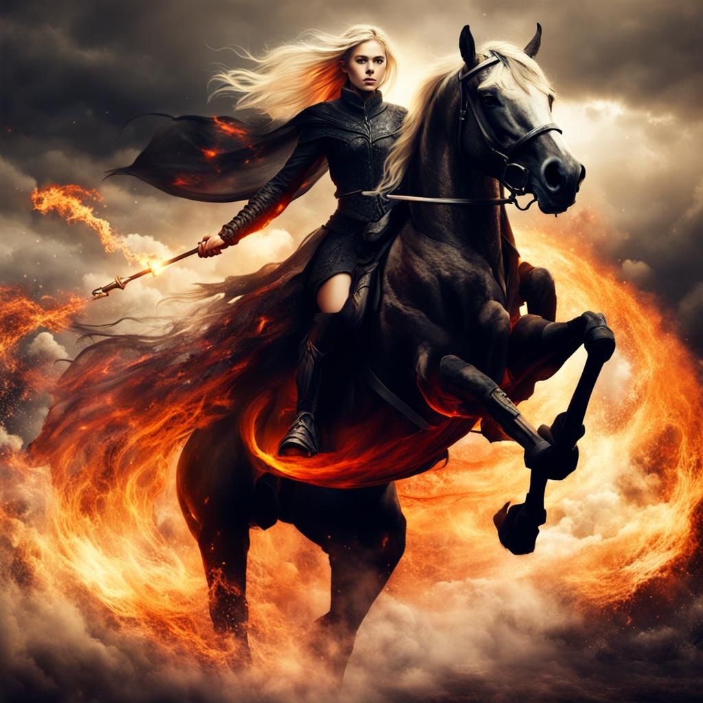 Blonde Girl Rides Fiery Horse in Dark Fantasy