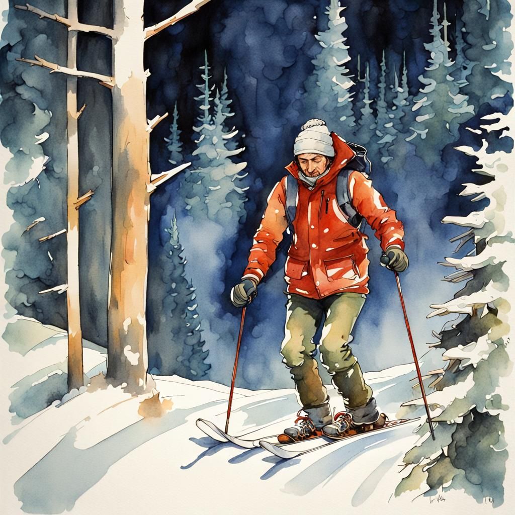 Winter Night Skier in Boreal Forest Illustration