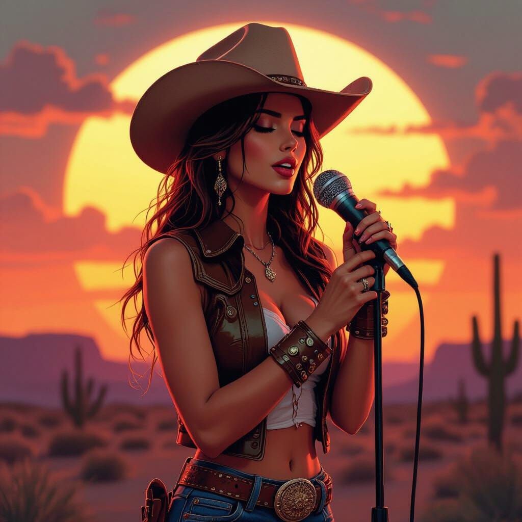 Cowgirl Singer in Sunset, Digital Neon Art