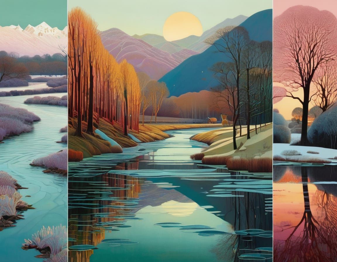 Charming Winter River Scene in Pastel Hues