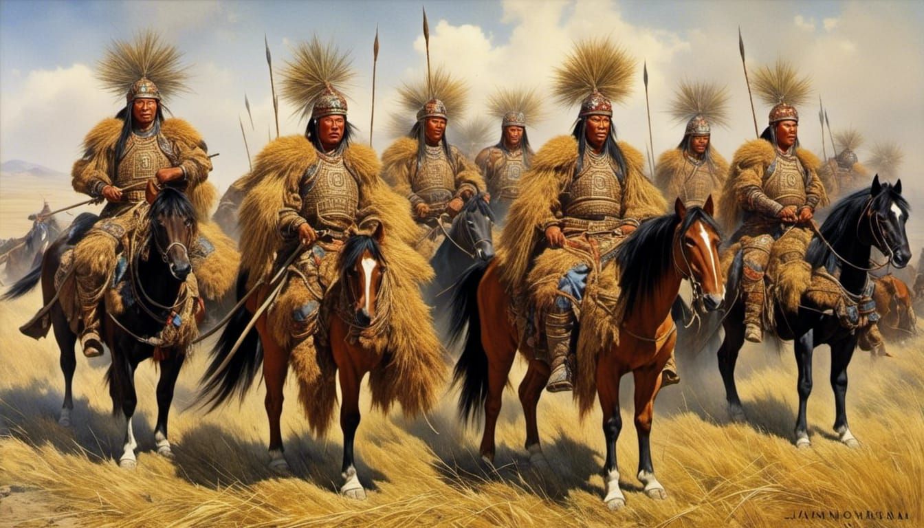 mongolian warriors riding in
