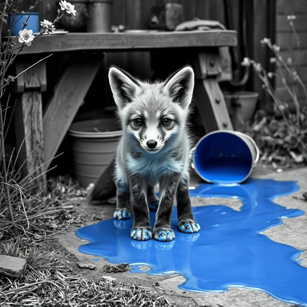 Fox Cub in Monochromatic Garden Scene with Blue Paint Puddle