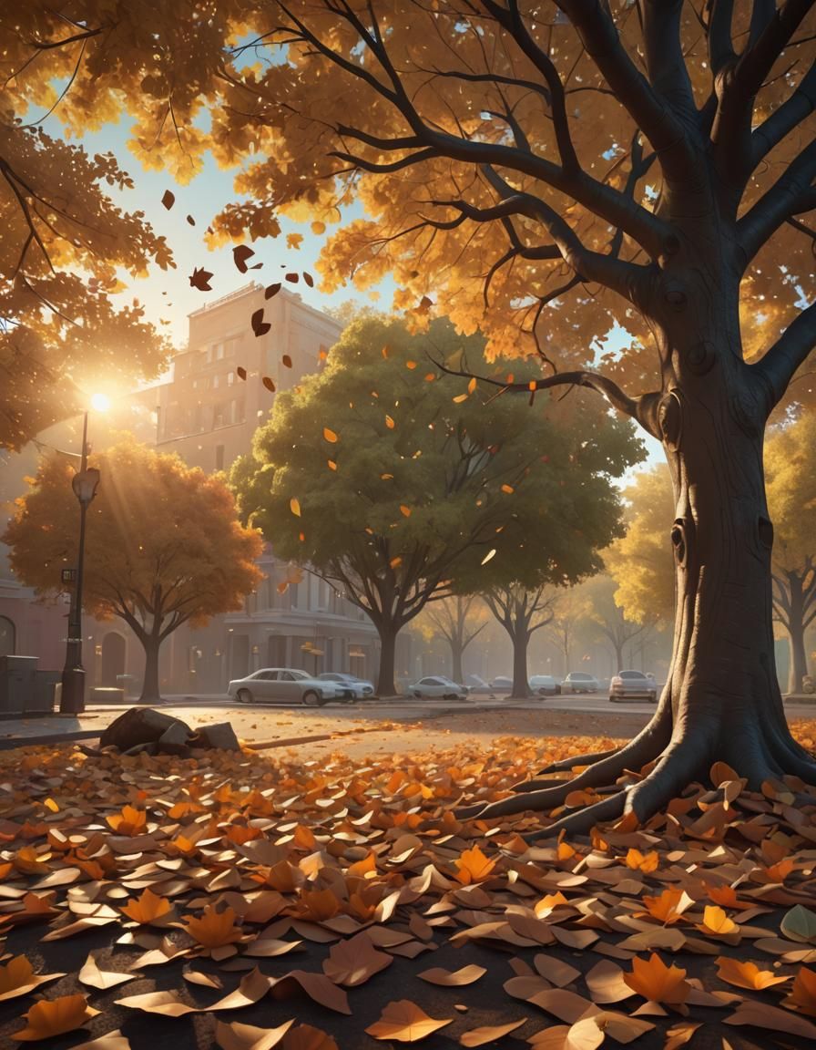 Earth Tone Leaves Falling at Sunrise: 3D Digital Art