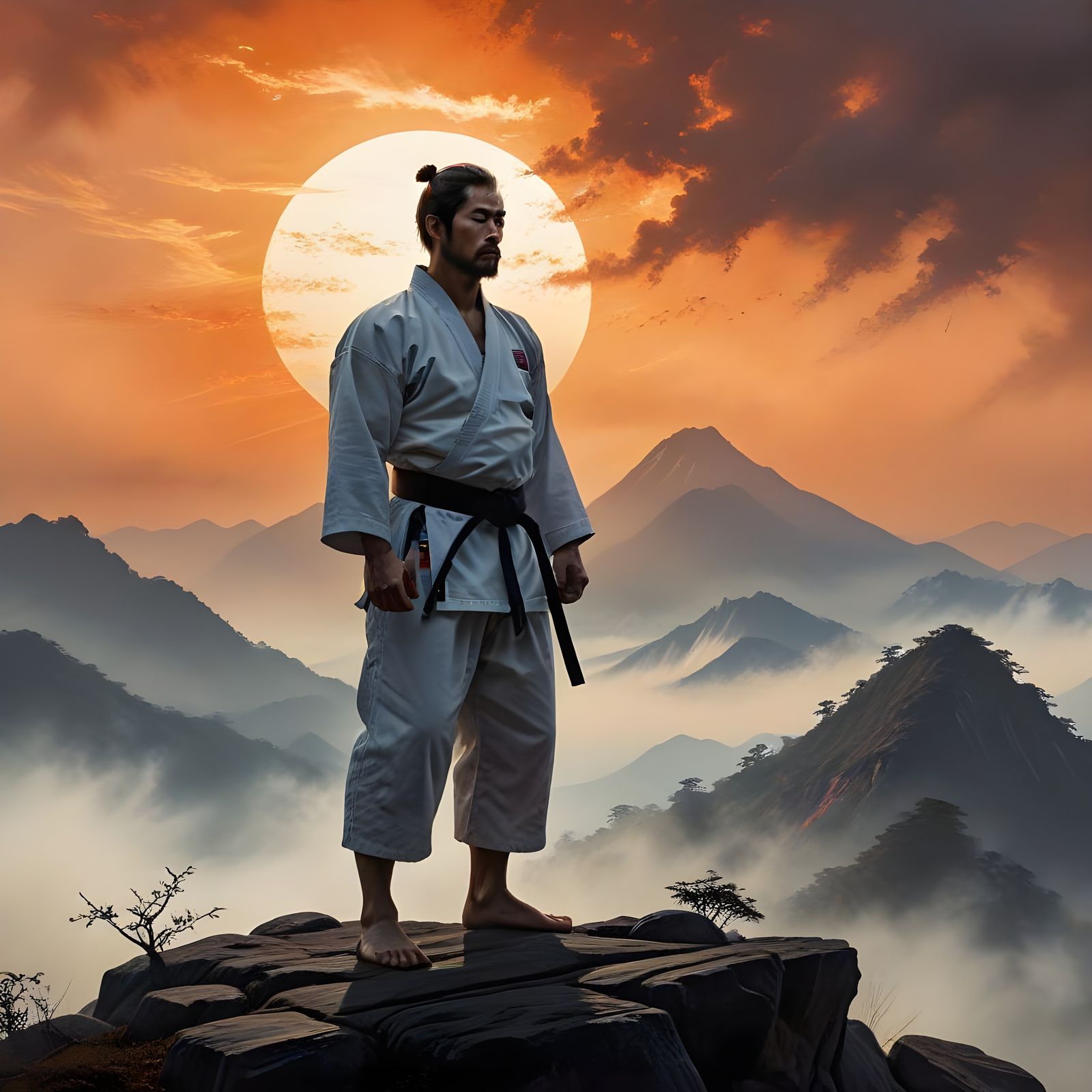 Karate Master on Misty Peak: Ink Wash Painting