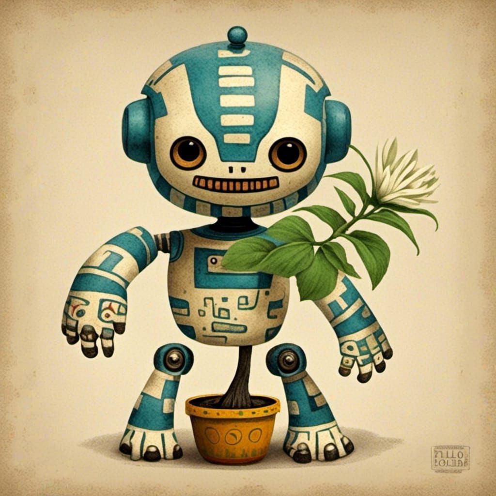 Cute Robot with Flowerpot in Dubuffet Style