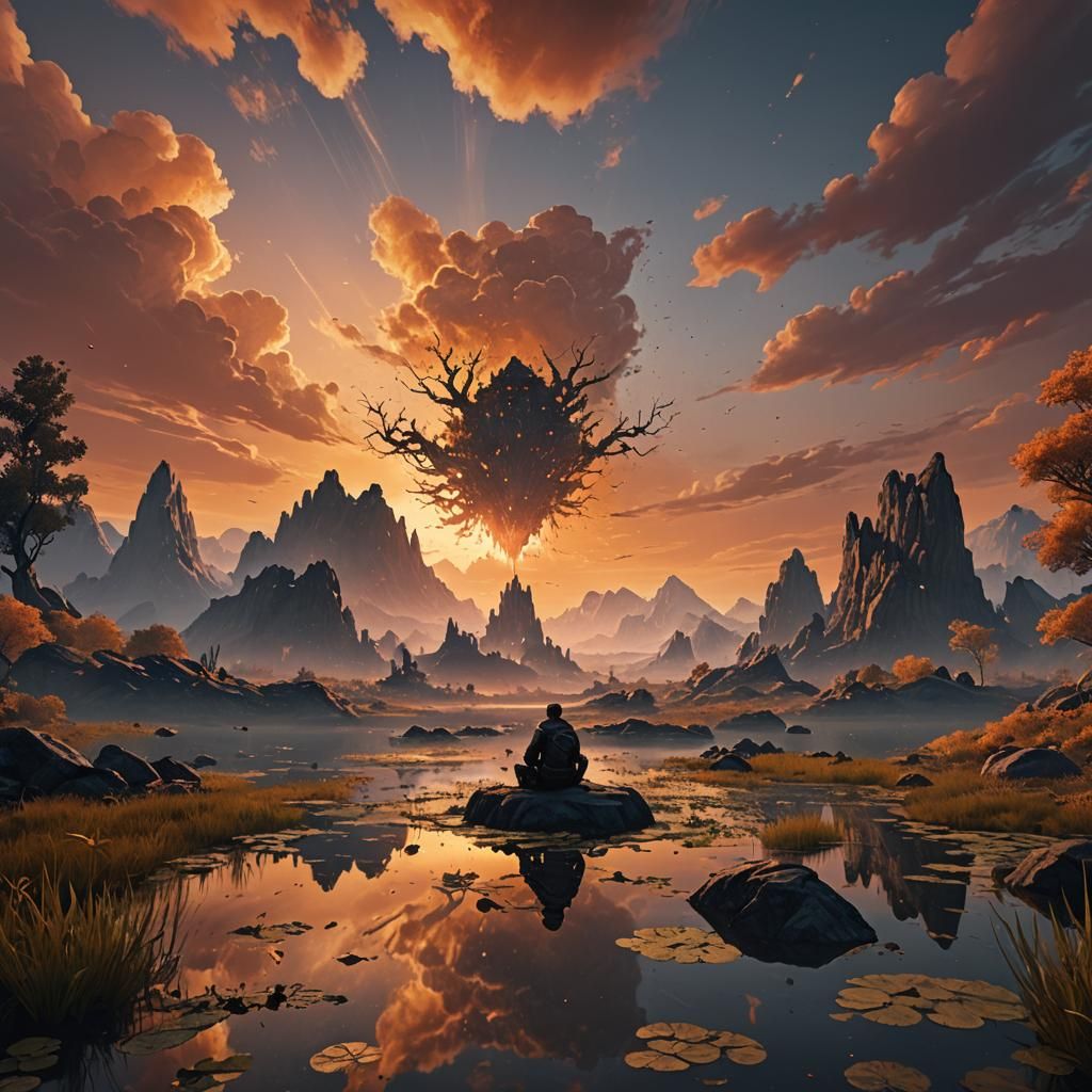 Man Gazing at Orange Sky: Fantasy Concept Art