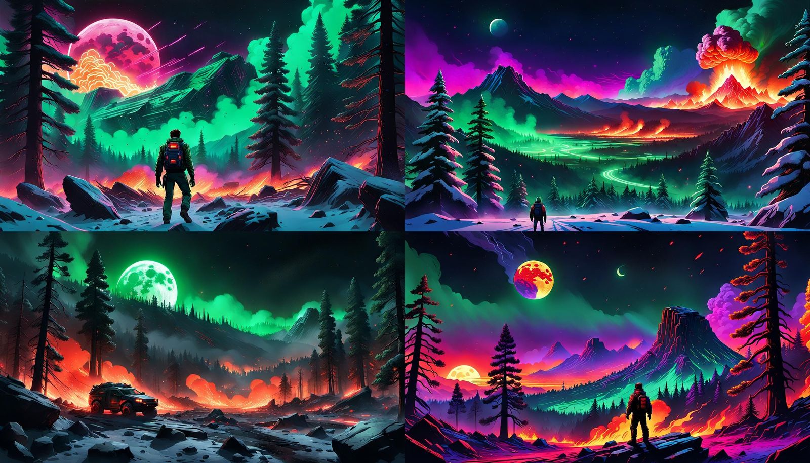 Neon Blizzard Wildfire Moonfall in Synthwave Comic Style