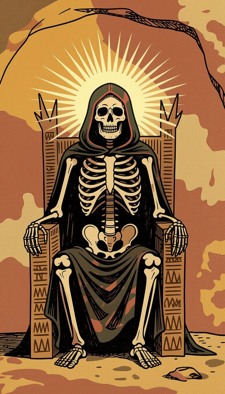 Skeletal King Enthroned in Ancient Cave Art Style