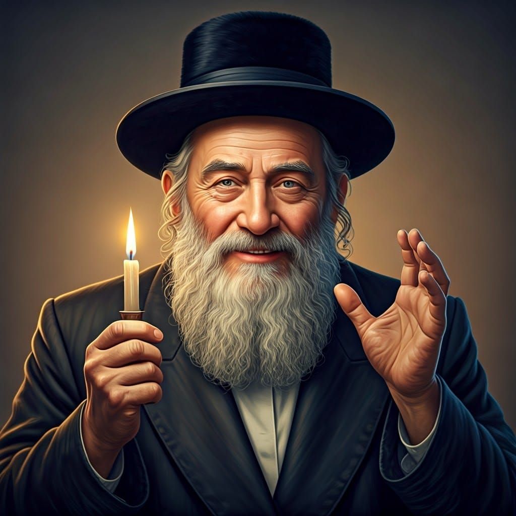 Traditional Hasidic Jew Lights Menorah with Joy and Exciteme...
