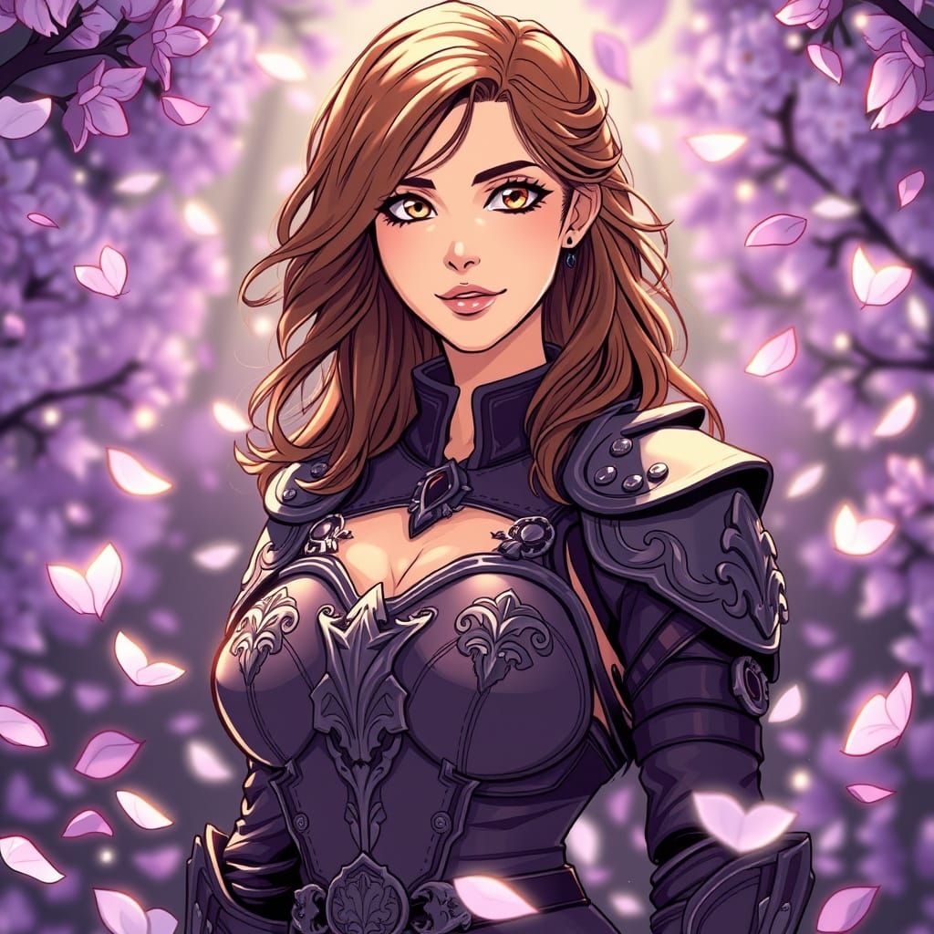 Mysterious Dark Fantasy Warrior Surrounded by Whimsical Lila...