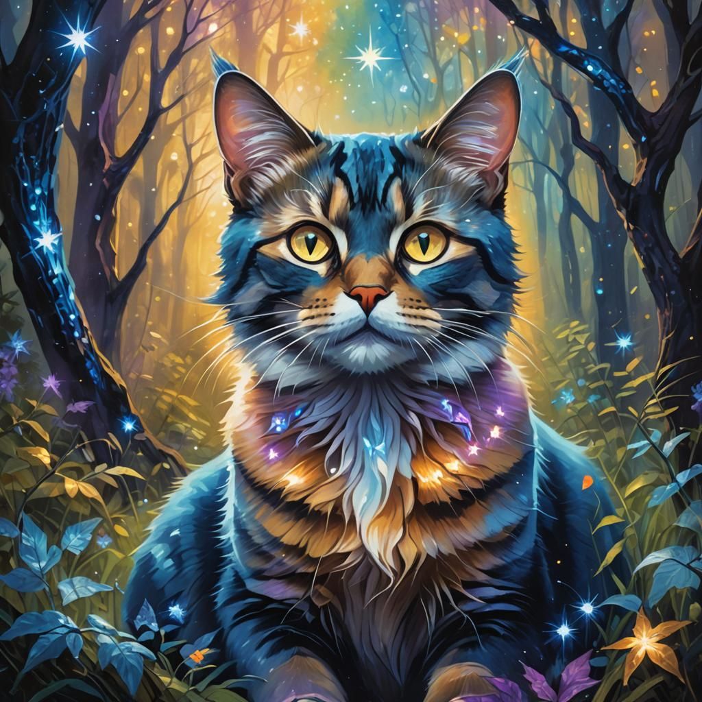 Blue Star Cat Portrait in Mystical Forest