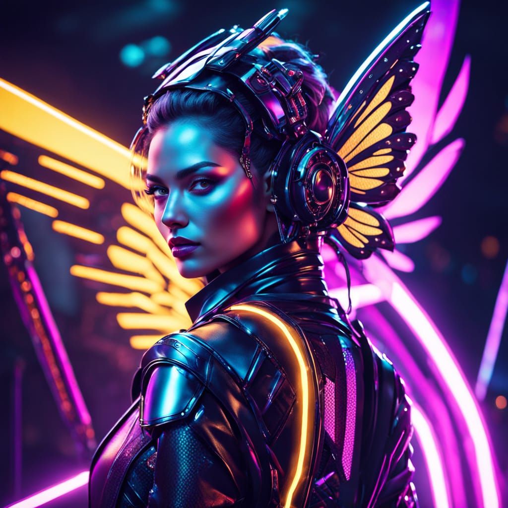 Curvy Robotic Woman in Futuristic Armor with Bee-Like Featur...