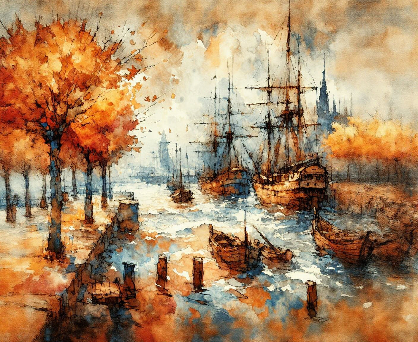 Autumn Harbor Scene in Van Gogh Watercolor Style