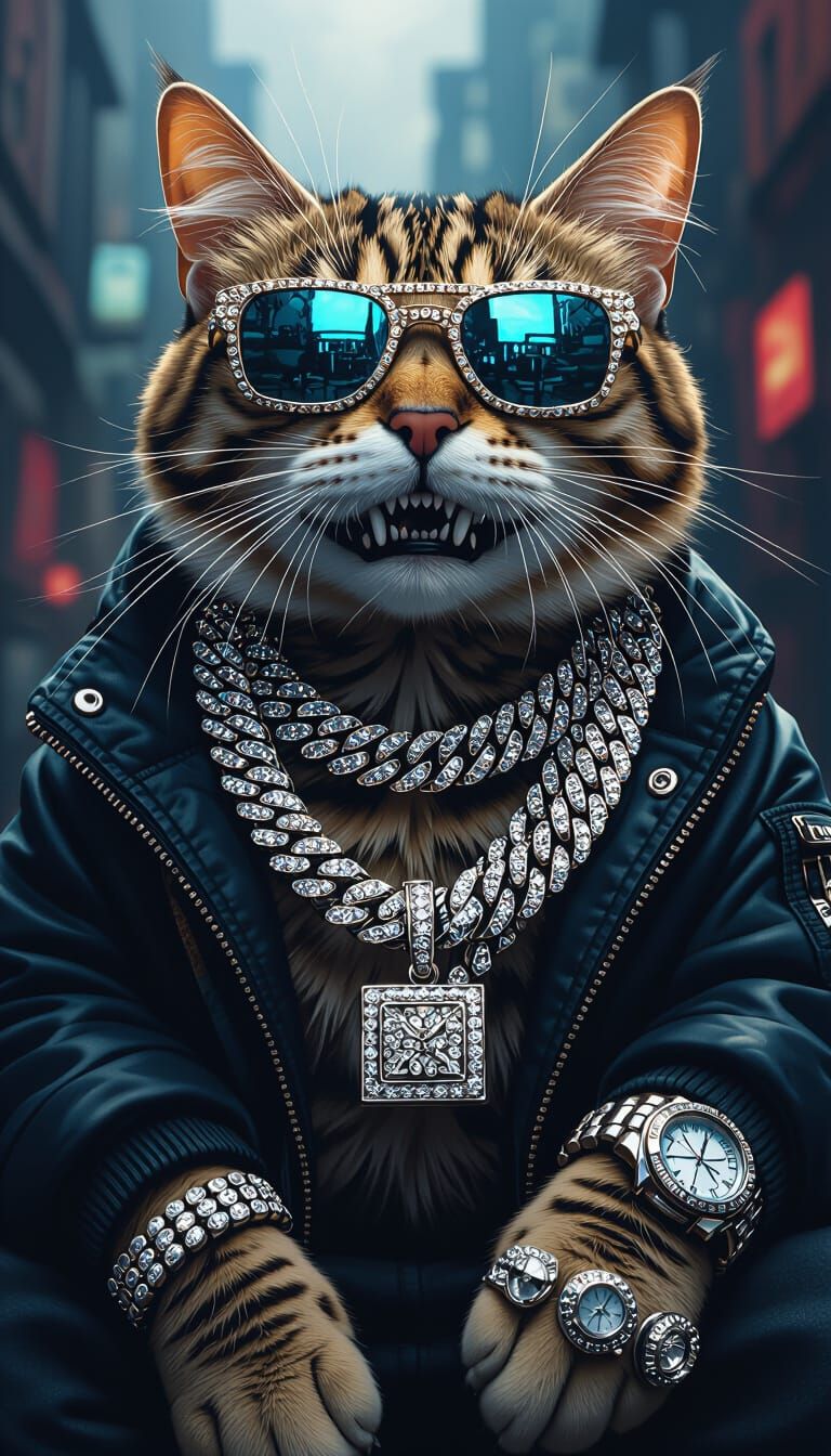 Cat with Iced Out Grillz in Cyberpunk Style