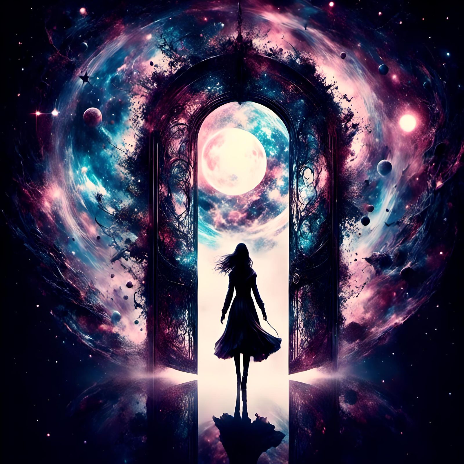 Science Fiction Cover: Woman at Interdimensional Door
