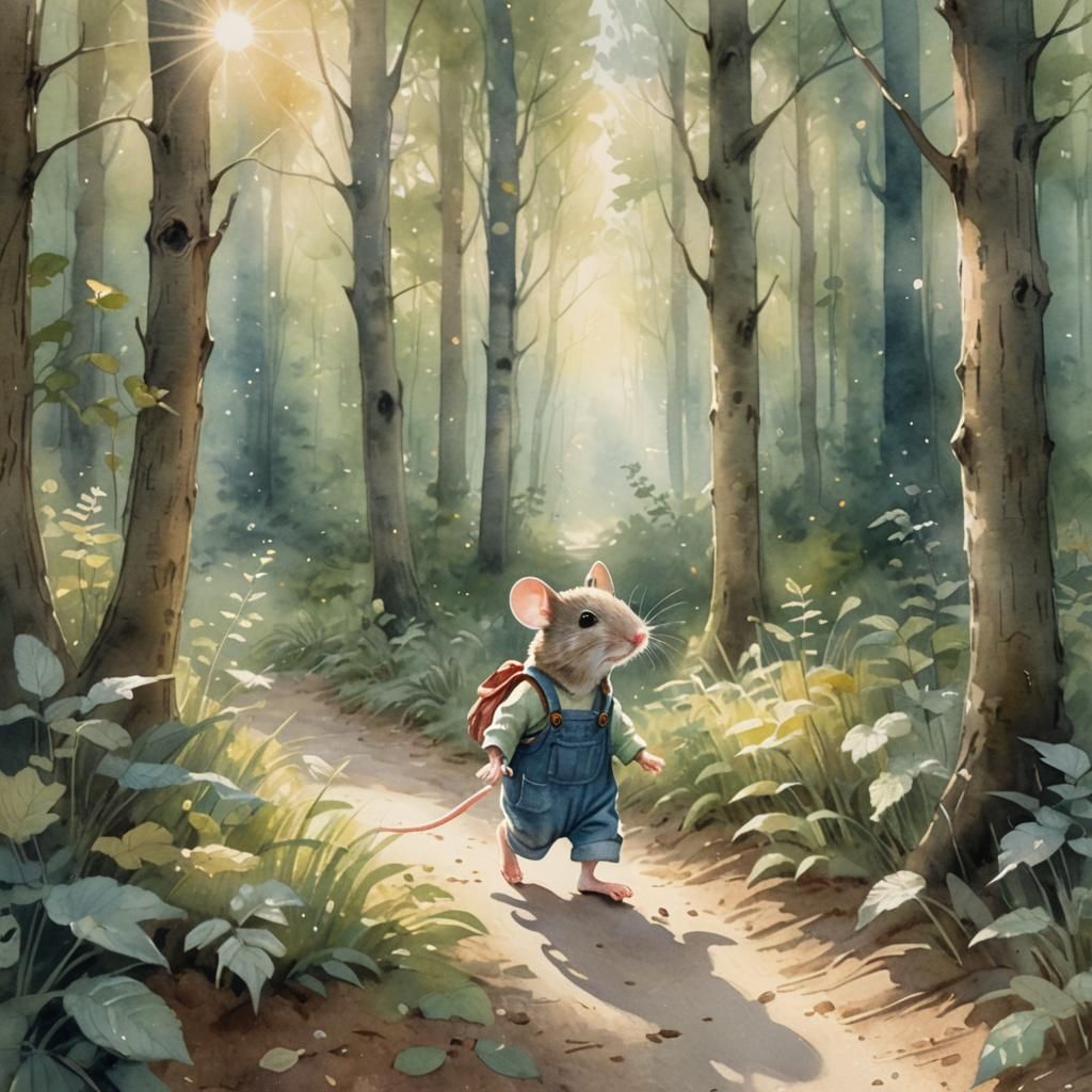Mouse in Overalls Walks Forest Path: Watercolor Art