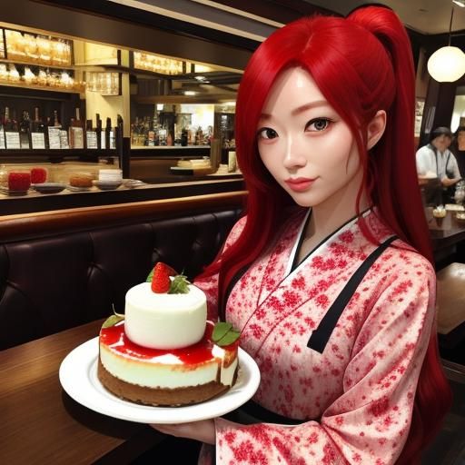 Japanese Woman with Cheesecake in Shibuya Restaurant