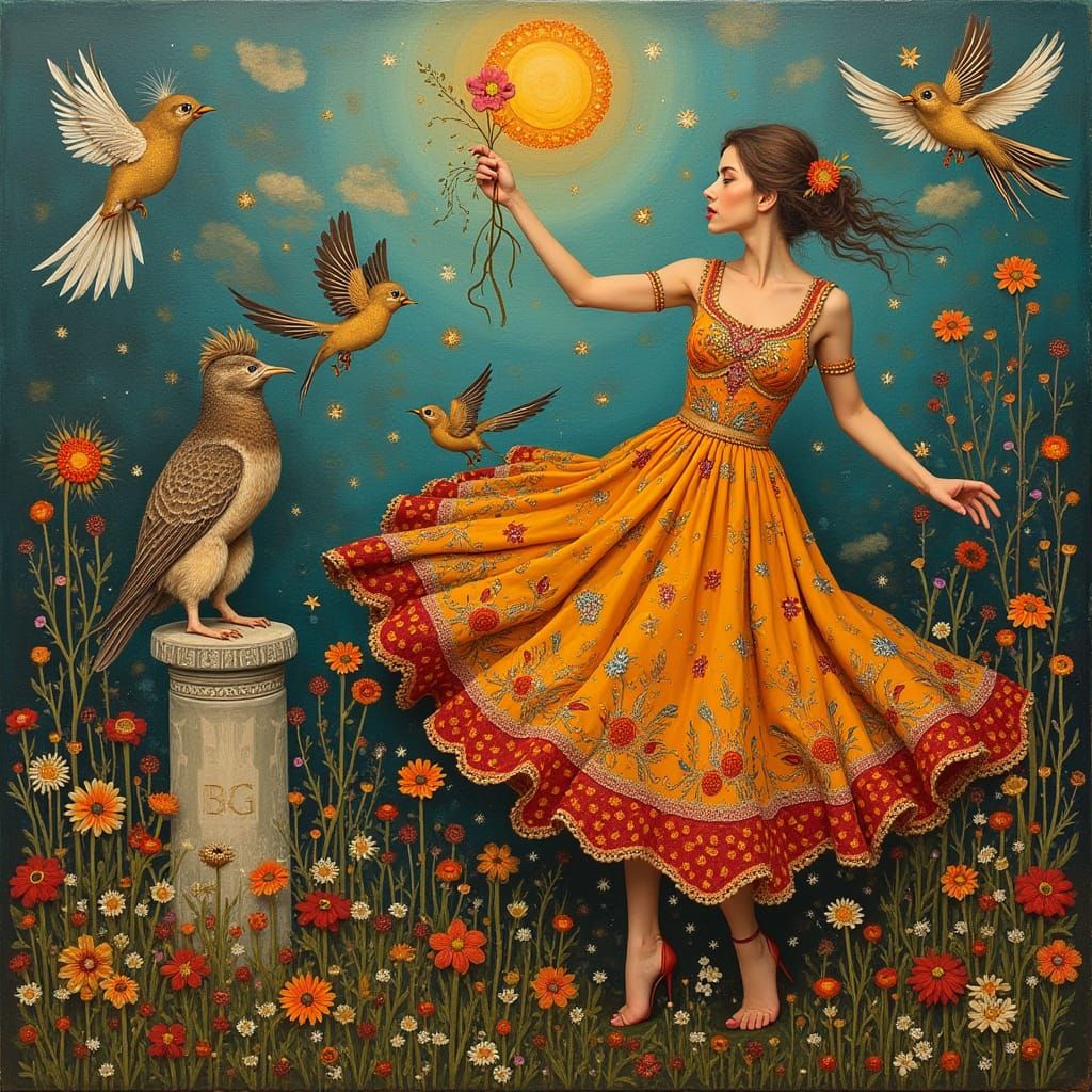 Uma cena vibrante em guache, inspirada por Klimt, com uma mulher dançando em um campo florido, rodeada por animais encan...