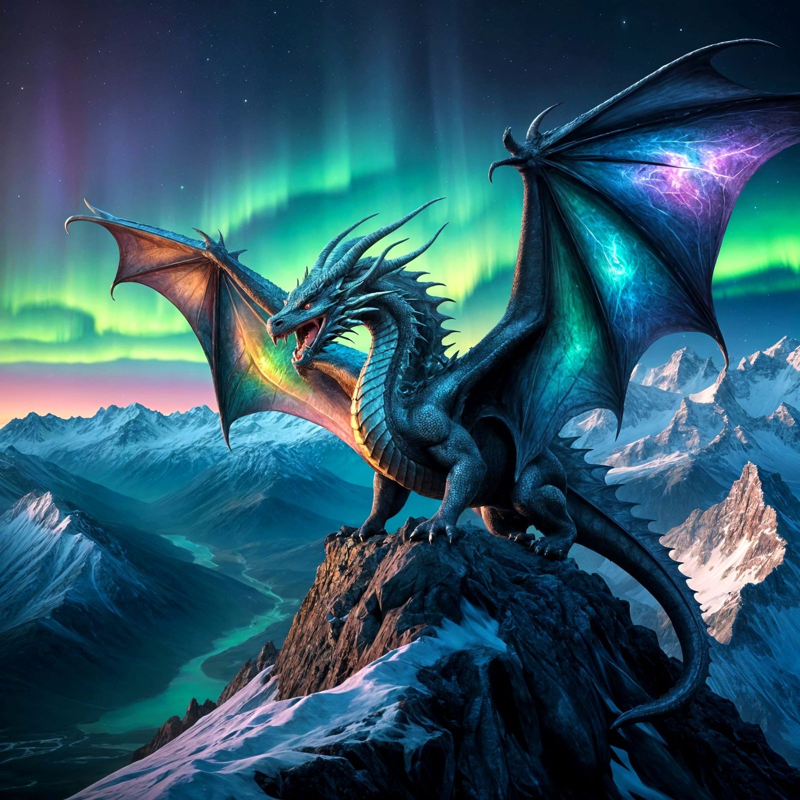 Opalescent Dragon Under Aurora Borealis
