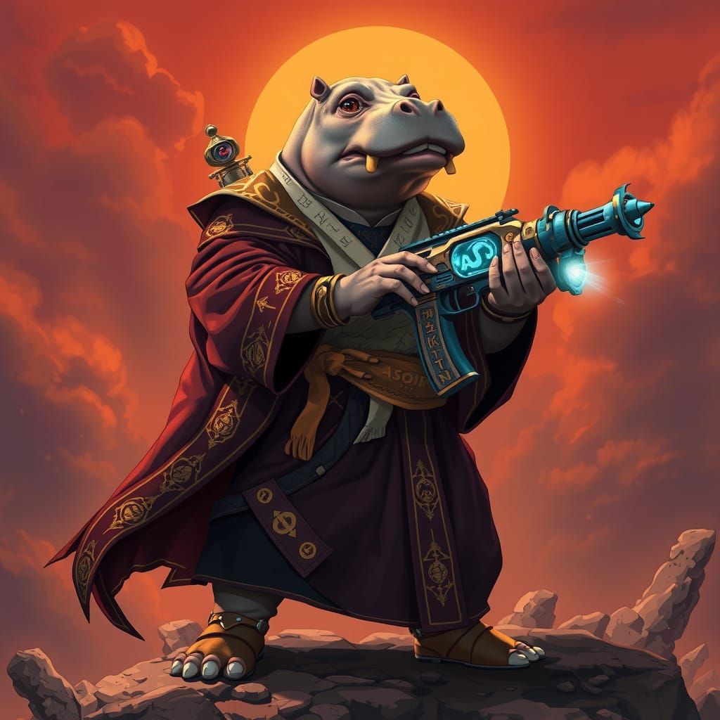Heroic Hippo Monk with Glowing Gun in Mystical Realm