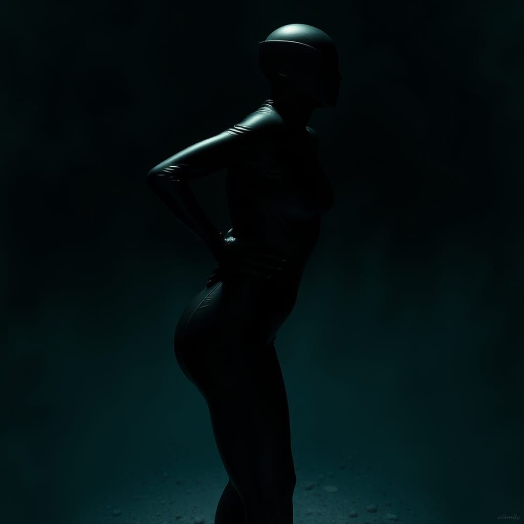 Dark, Futuristic Lady in Zentai Suit with Bent Legs and Pinn...