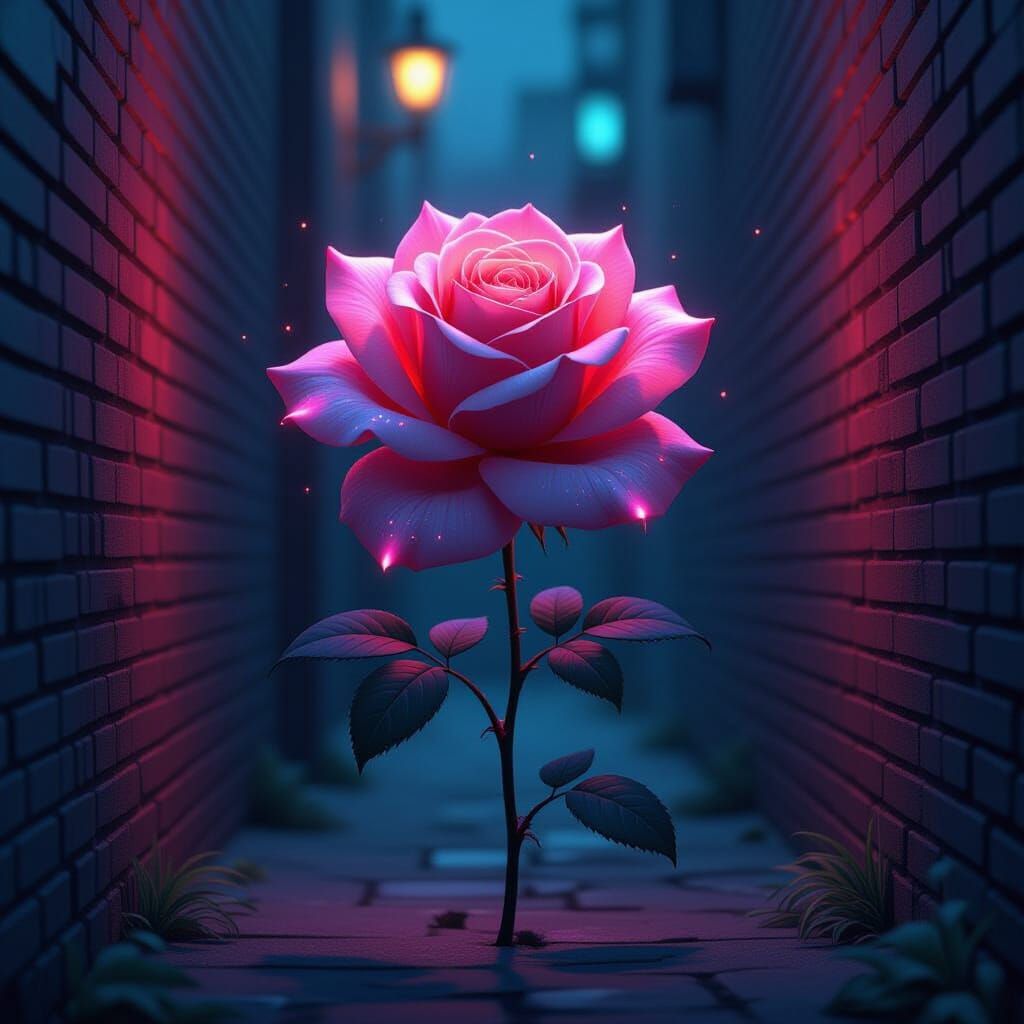 Bioluminescent Rose Blooms in Shadowy Cyberpunk Alleyway