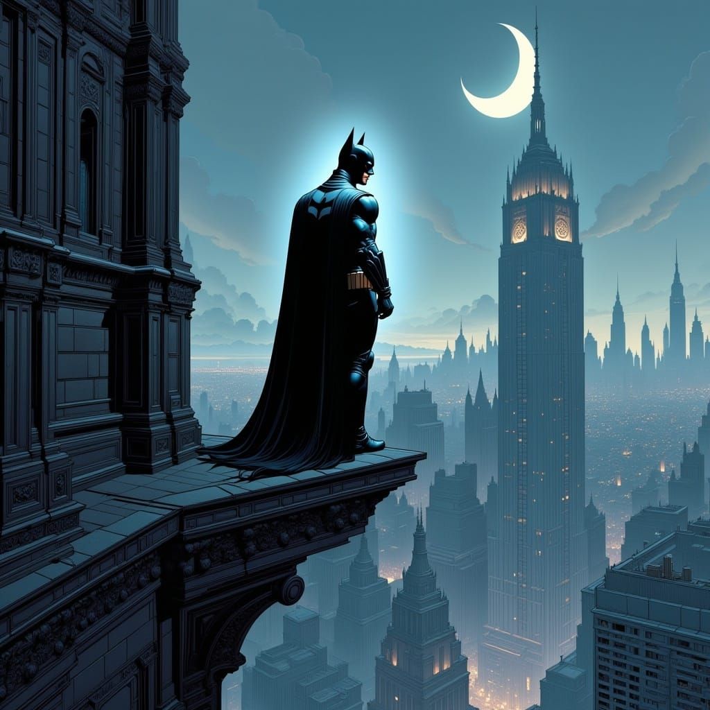 Batman Overlooking Gotham in Comic Book Style