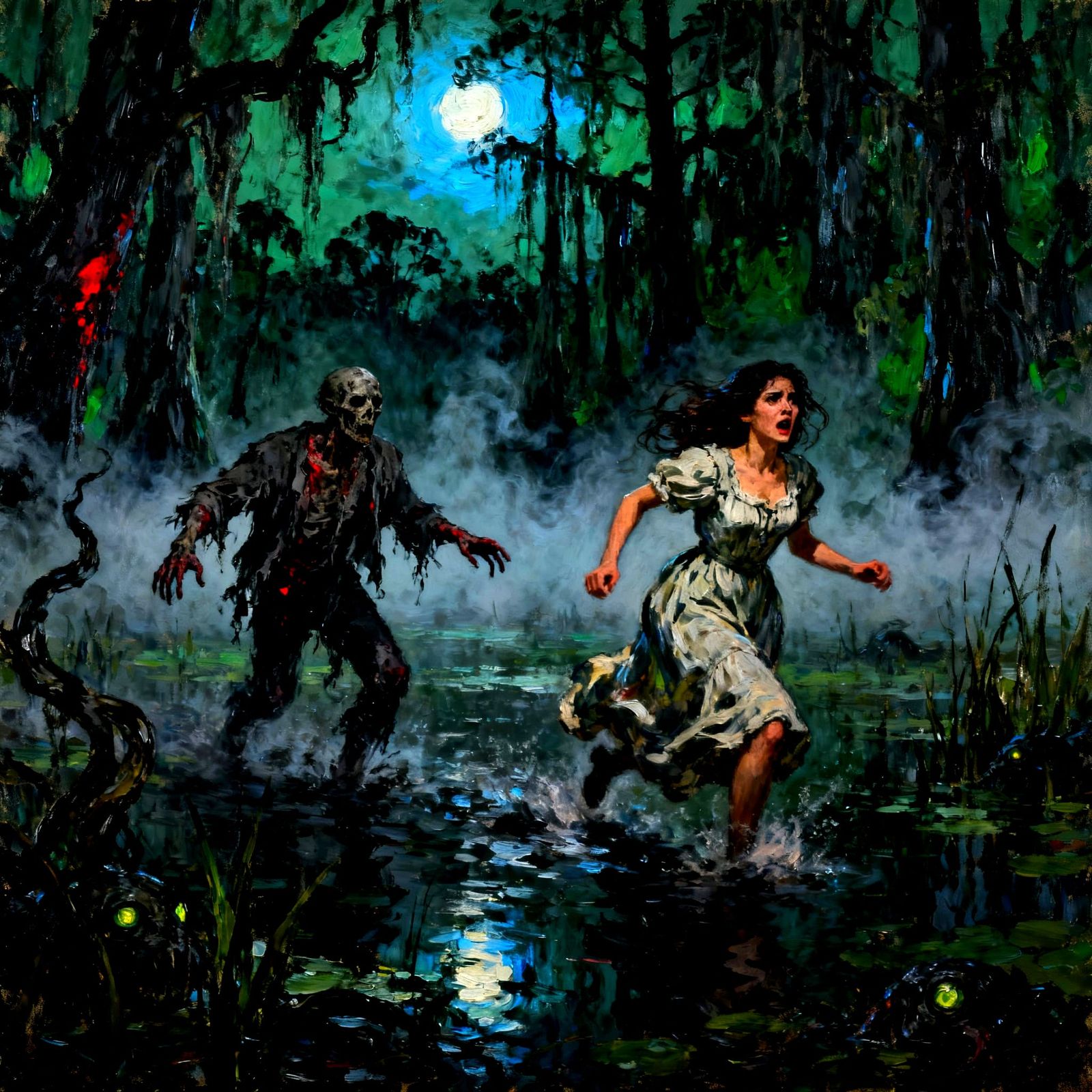 Cajun Woman Flees Zombie in Dark Swamp Oil Painting