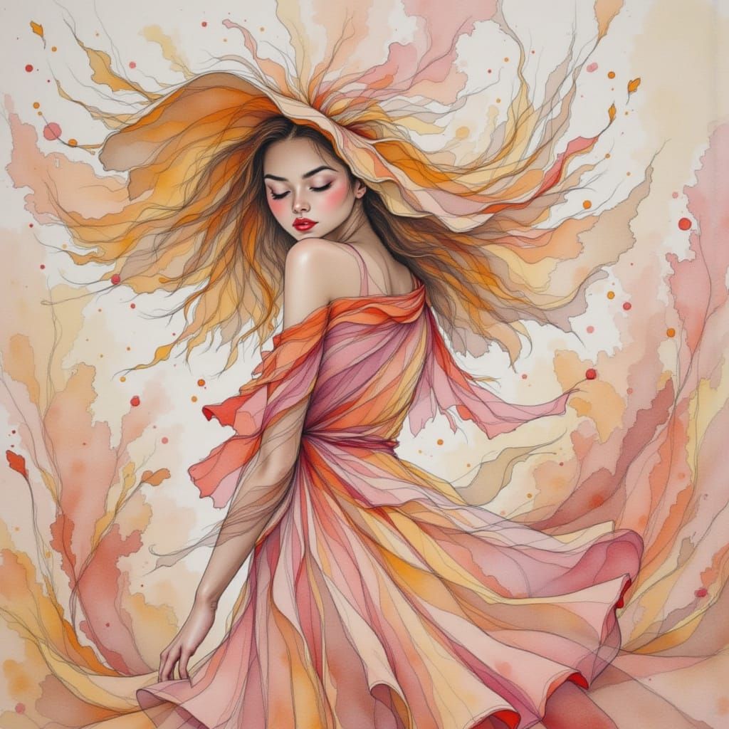 Dusty Rose Art Deco Portrait in Watercolor Style