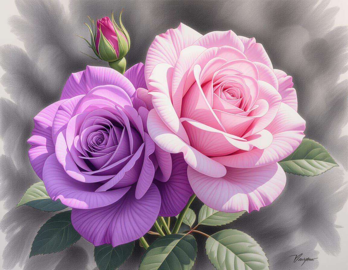 Hyperdetailed Charcoal Drawing of Pink and Purple Roses
