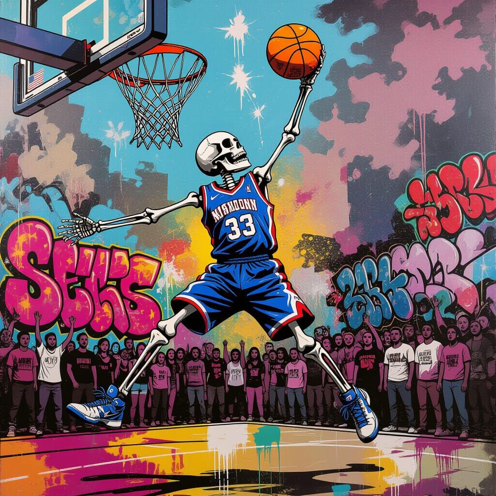 Skeleton Dunking Basketball in Graffiti Street Art Style