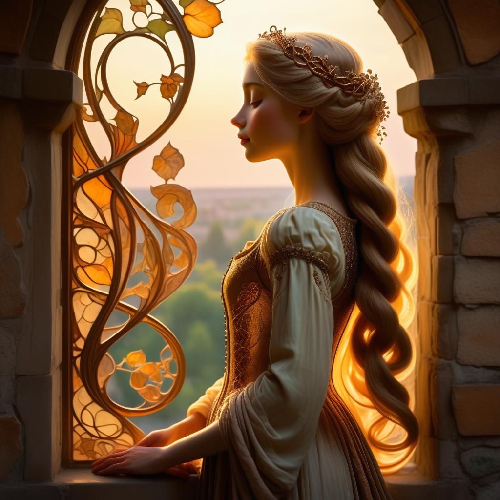 Rapunzel in Tower, Art Nouveau Style