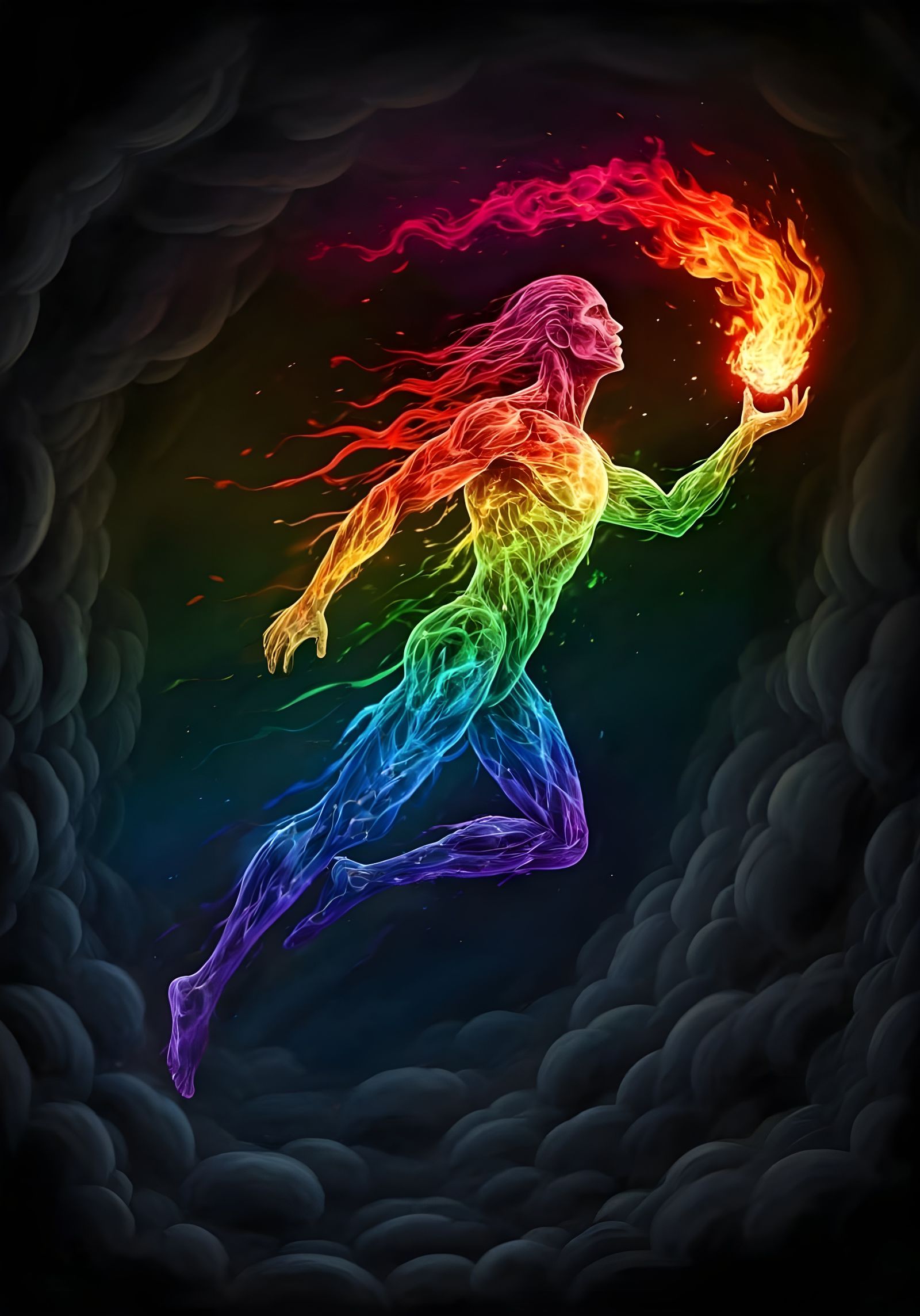 Rainbow Warrior Spirit Leaps with Fiery Flaming Ball